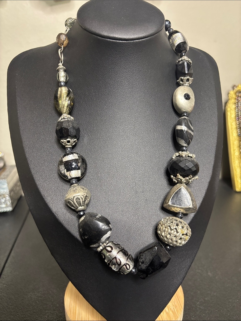 Mixed Media Black Silver Glass Statement Necklace - Women Jewelry
